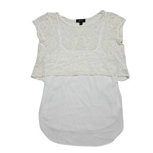 BCX Top Womens Medium Ivory White Lace Overlay Short Sleeve Layered Blouse Shirt